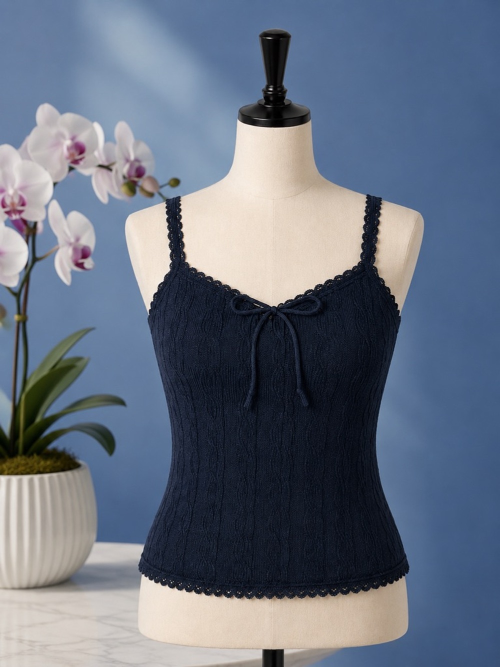 Black Lace-Trim Knit Tank Top with Tie Front‎ - XL